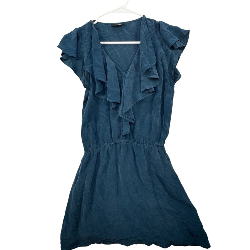Warehouse Silk Ruffle Dress Womens US XS / UK 8 Blue V-Neck Flutter Sleeve